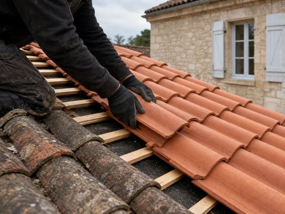 Pose de tuiles en terre cuite lors d’une rénovation de toiture